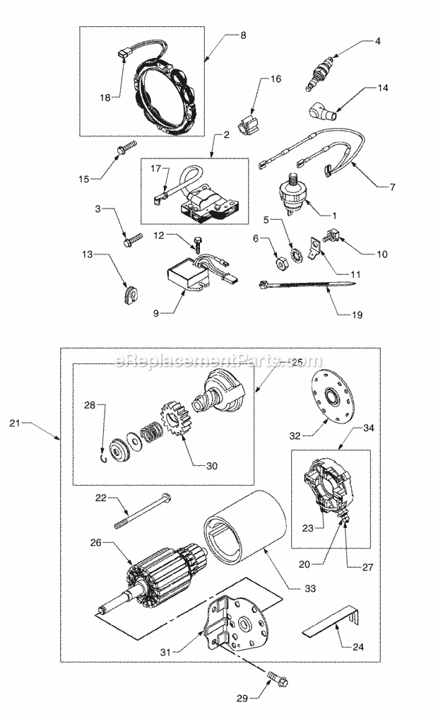 Electric Starting Motor Diagram and Parts List for 14A-665-100 Cub Cadet Lawn Tractor